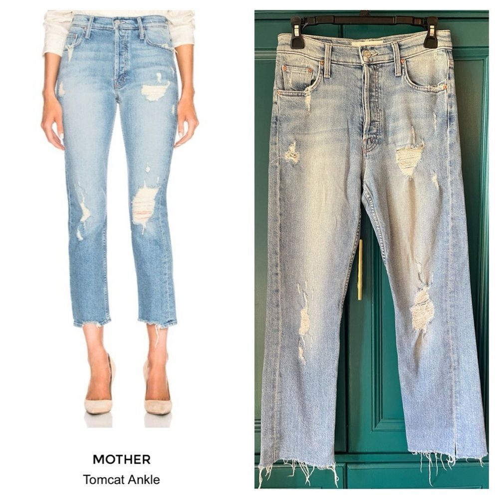 MOTHER Superior The Tomcat Ankle Jeans Distressed Straight Leg Raw Hem Denim 26